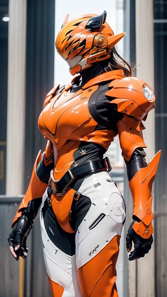A woman adorned in fantasy-style full-body armor, a crown-concept fully enclosed helmet that unveils only her eyes, a composite layered chest plate, fully encompassing shoulder and hand guards, a lightweight waist armor, form-fitting shin guards, the overall design is heavy-duty yet flexible, ((Kamen Rider Tiger orange and black lanes color)), ((belt, driver)), exhibiting a noble aura, she floats above a fantasy-surreal high-tech city, this character embodies a finely crafted fantasy-surreal style armored hero in anime style, exquisite and mature manga art style, (Queen bee mixed with Spider concept Armor, plasma, blood), ((Element, energy, elegant, goddess, femminine:1.5)), metallic, high definition, best quality, highres, ultra-detailed, ultra-fine painting, extremely delicate, professional, anatomically correct, symmetrical face, extremely detailed eyes and face, high quality eyes, creativity, RAW photo, UHD, 32k, Natural light, cinematic lighting, masterpiece-anatomy-perfect, masterpiece:1.5