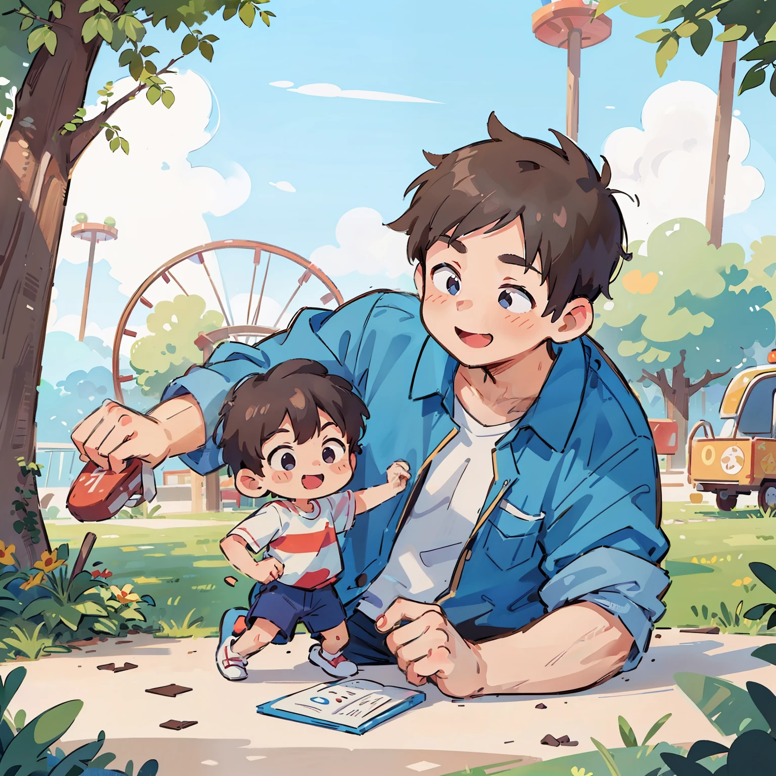 masterpiece，Best quality:1.1)，Adult father and son）），Adult father playing with his son））amusement park，play，Clean line，happy，The two interact，Mature