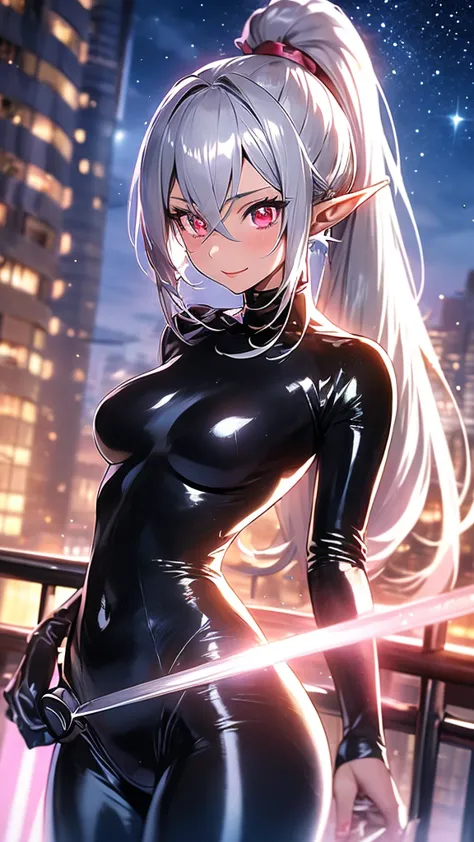 an elf woman, very black tanned skin, beautiful silver hair, pointed ears, beautiful red eyes, thick pink lips, ponytail, shiny ...