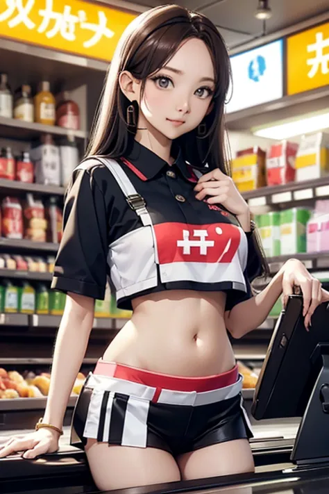 cashier girl, crop top cashier uniform, showing navel,  convenience store, behind the cashier,