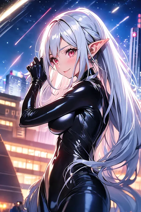 An elf woman, very black tanned skin, beautiful silver hair, pointed ears, beautiful red eyes, thick pink lips, ponytail, shiny ...