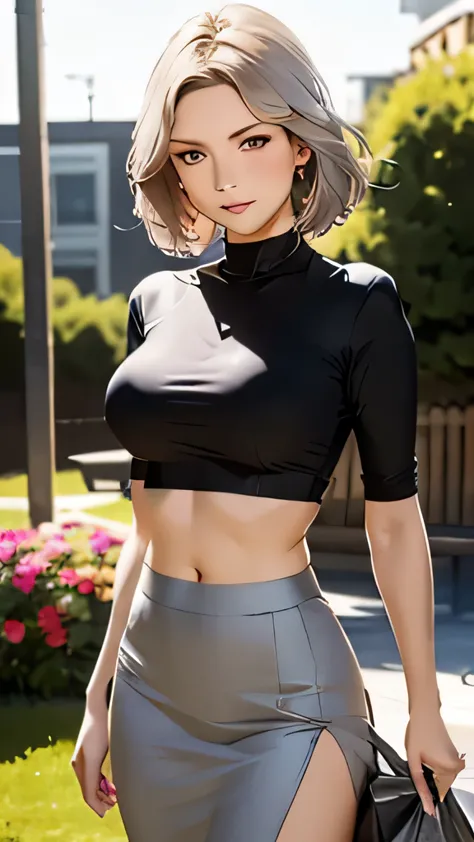 Realistic, One mature woman, Gray Hair, Purple eyes, Glowing Eyes, Crop top, skirt, Lips parted, blush, night, Flowers, sun, sun...
