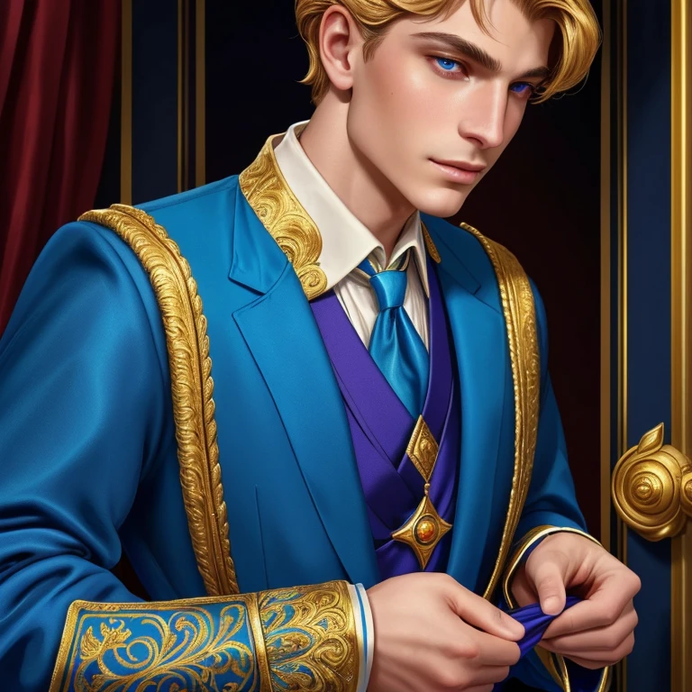 wearing blue suit、Close-up of man wearing golden crown, beautiful androgynous prince, Exquisite androgynous prince, Handsome Prince, Close-up of characters, renaissance prince, Character Close-up, Inspired by Prince Hall, Sid Meier, Portrait close-up, Realistic Disney, Close-up characters, Hugh details