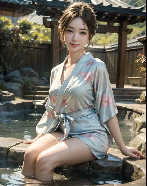 masterpiece, highest quality, realistic, 1 girl, open-air hot spring, yukata figure, i&#39;my yukata got wet and became transpar...