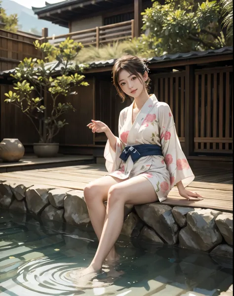 masterpiece, highest quality, Realistic, 1 girl, Open-air hot spring, Yukata figure, I&#39;My yukata got wet and became transpar...