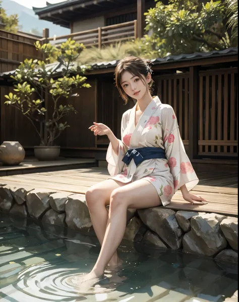 masterpiece, highest quality, realistic, 1 girl, open-air hot spring, yukata figure, i&#39;my yukata got wet and became transpar...