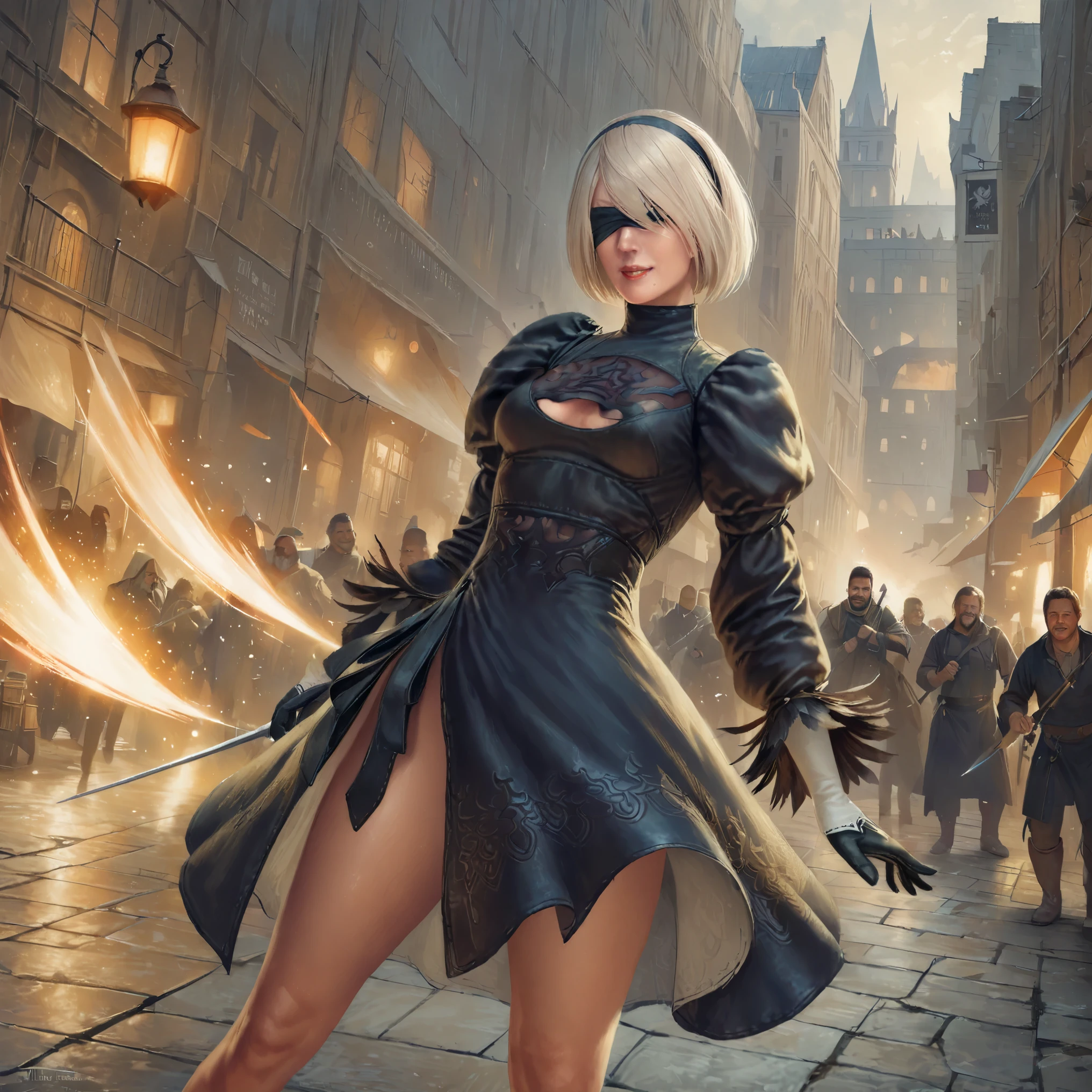 One Girl, Wow, (Both blindfolded、round face), chest, Chest cleavage, Chest cleavage cutout, Dress cutout, Old Western castle street background, Hair between the eyes, head band, ((Blindfold that completely covers both eyes)), High resolution, Juliet Sleeve, Long sleeve, nier (series), nier automata, Fluffy sleeves, Red lips, Lips with raised corners of the mouth, Smiling Lips, Shadow Face, short hair, alone, Turtleneck sweater, whole body, l Blue-white silver hair, zero、Brandishing a rapier with exquisite design、((Dynamic attack scenes))、A blade that emits a dull glow、Slashing Light Trail、Fluttering skirt hem、Moderately fleshy and firm thighs、((He is slashing at a group of men wearing long black coats with swordasterpiece、highest quality、(((Realistic、Realistic:1.37)))、8K quality}},