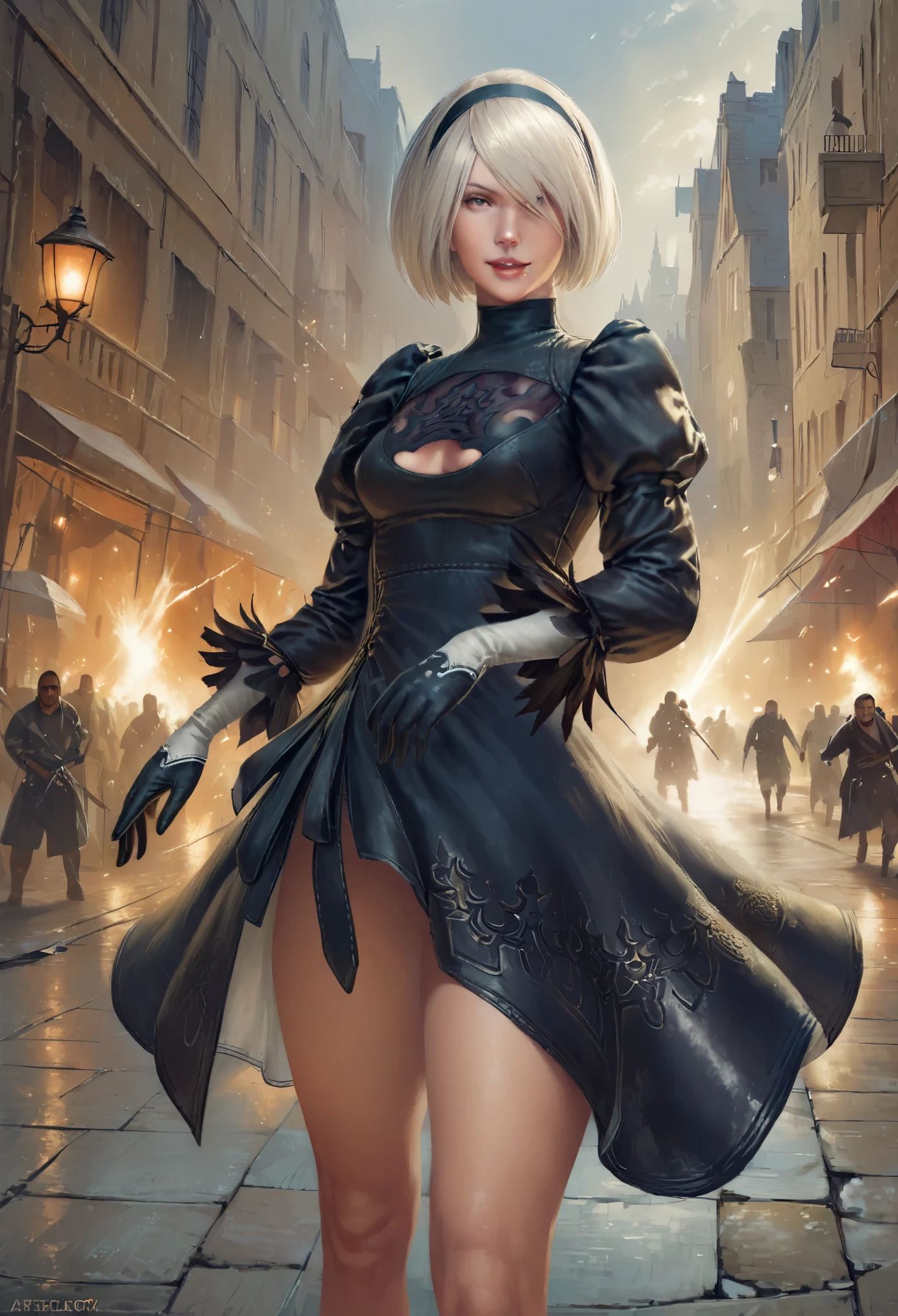 One Girl, Wow, (Both blindfolded、round face), chest, Chest cleavage, Chest cleavage cutout, Dress cutout, Old Western castle street background, Hair between the eyes, head band, ((Blindfold that completely covers both eyes)), High resolution, Juliet Sleeve, Long sleeve, nier (series), nier automata, Fluffy sleeves, Red lips, Lips with raised corners of the mouth, Smiling Lips, Shadow Face, short hair, alone, Turtleneck sweater, whole body, l Blue-white silver hair, zero、Brandishing a rapier with exquisite design、((Dynamic attack scenes))、A blade that emits a dull glow、Slashing Light Trail、Fluttering skirt hem、Moderately fleshy and firm thighs、((He is slashing at a group of men wearing long black coats with swordasterpiece、highest quality、(((Realistic、Realistic:1.37)))、8K quality}},