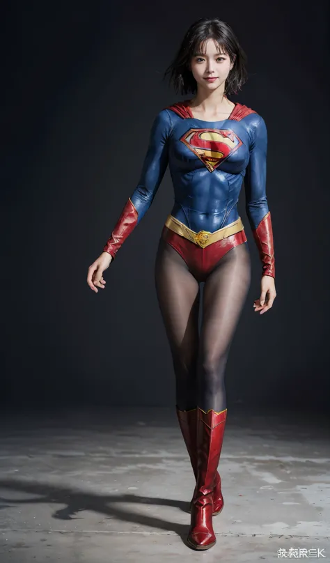 No background、(((Beautiful legs in black tights.)))、(((Legally express the beauty of your smile)))、((((Make the most of your original images)))、(((Supergirl Costume)))、(((Beautiful short bob hair)))、(((suffering)))、(((Please wear black tights....、Wear red ...