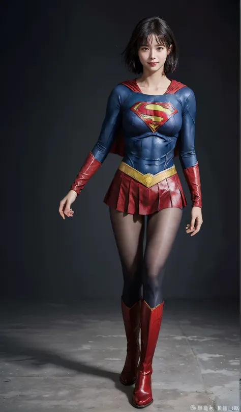 No background、(((Beautiful legs in black tights.)))、(((Legally express the beauty of your smile)))、((((Make the most of your original images)))、(((Supergirl Costume)))、(((Beautiful short bob hair)))、(((suffering)))、(((Please wear black tights....、Wear red ...