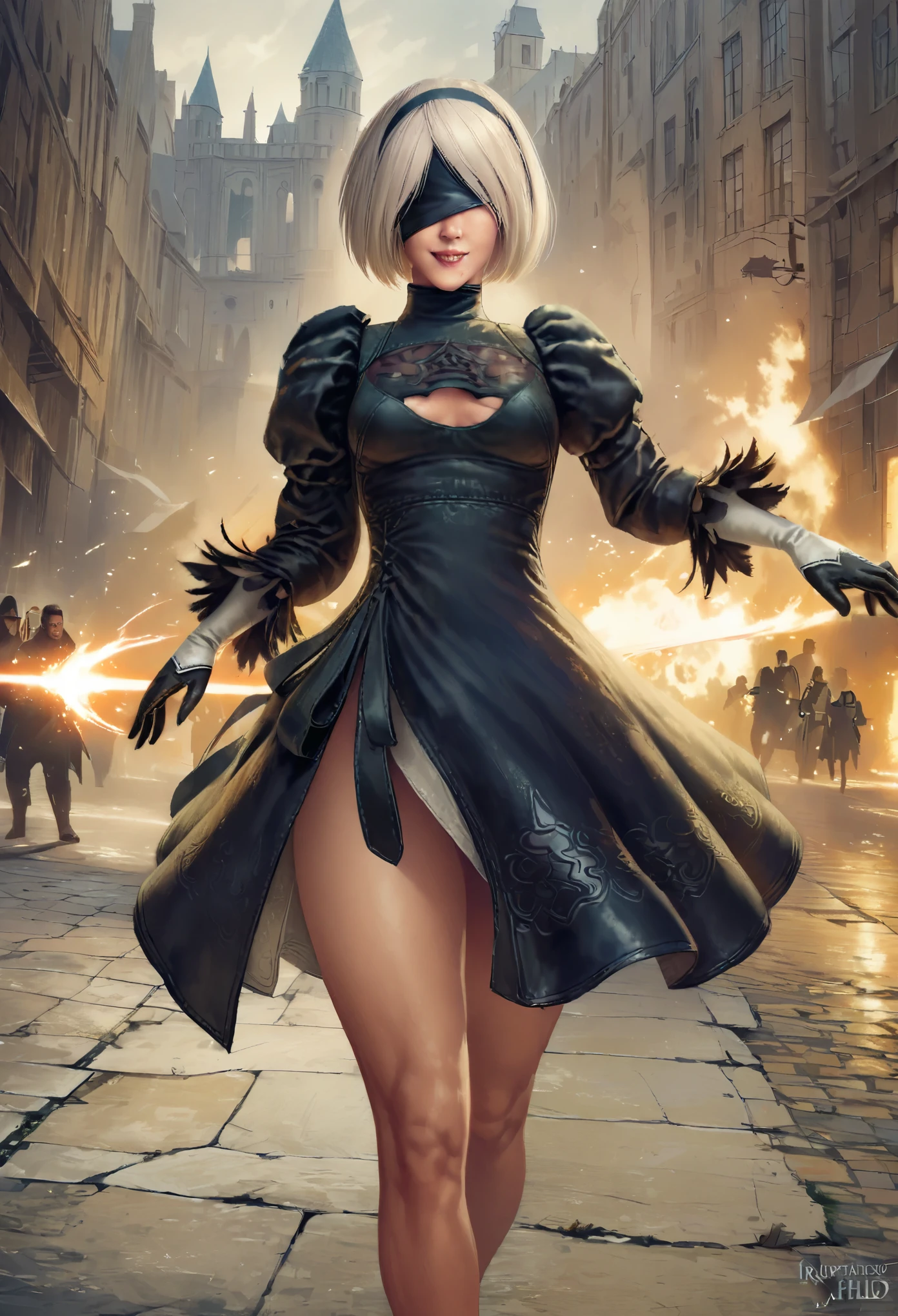 One Girl, Wow, (Both blindfolded、round face), chest, Chest cleavage, Chest cleavage cutout, Dress cutout, Old Western castle street background, Hair between the eyes, head band, Blindfold covering both eyes, High resolution, Juliet Sleeve, Long sleeve, nier (series), nier automata, Fluffy sleeves, Red lips, Lips with raised corners of the mouth, Smiling Lips, Shadow Face, short hair, alone, Turtleneck sweater, whole body, l Blue-white silver hair, zero、Brandishing a rapier with exquisite design、((Dynamic attack scenes))、A blade that emits a dull glow、Slashing Light Trail、Fluttering skirt hem、Moderately fleshy and firm thighs、((He is slashing at a group of men wearing long black coats with swordasterpiece、highest quality、(((Realistic、Realistic:1.37)))、8K quality}},