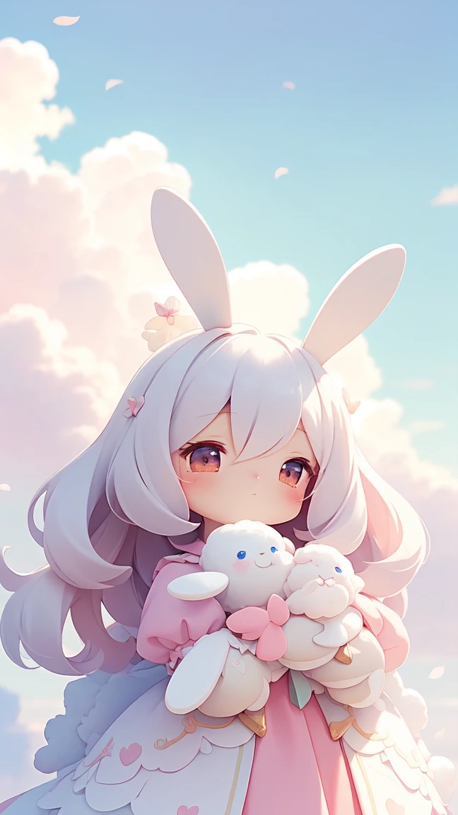 Bunny Morphing Girl, fluffy, soft ((highest quality)), ( Extremely detailed, Best details, Official Art, Beauty and aesthetics: 1.2), Depth of written border, composition, whole body, (a bit), (Beautiful and detailed: 1.3), (wonderful:1), Colorful clouds blurred background,1girl,