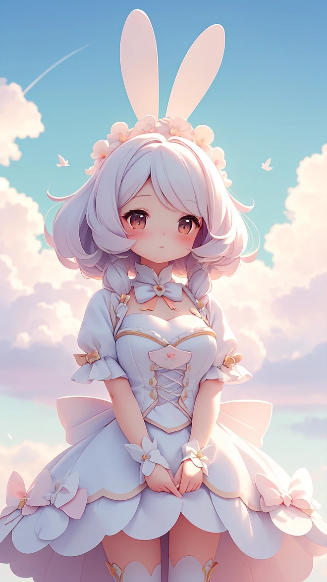 Bunny Morphing Girl, fluffy, soft ((highest quality)), ( Extremely detailed, Best details, Official Art, Beauty and aesthetics: 1.2), Depth of written border, composition, whole body, (a bit), (Beautiful and detailed: 1.3), (wonderful:1), Colorful clouds blurred background,1girl,