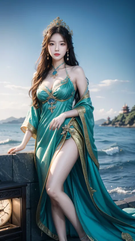 A woman sitting on the beach，Holding a clock in hand, Queen of the Sea Mu Yanling, Beautiful digital art work, 4K Fine Digital A...