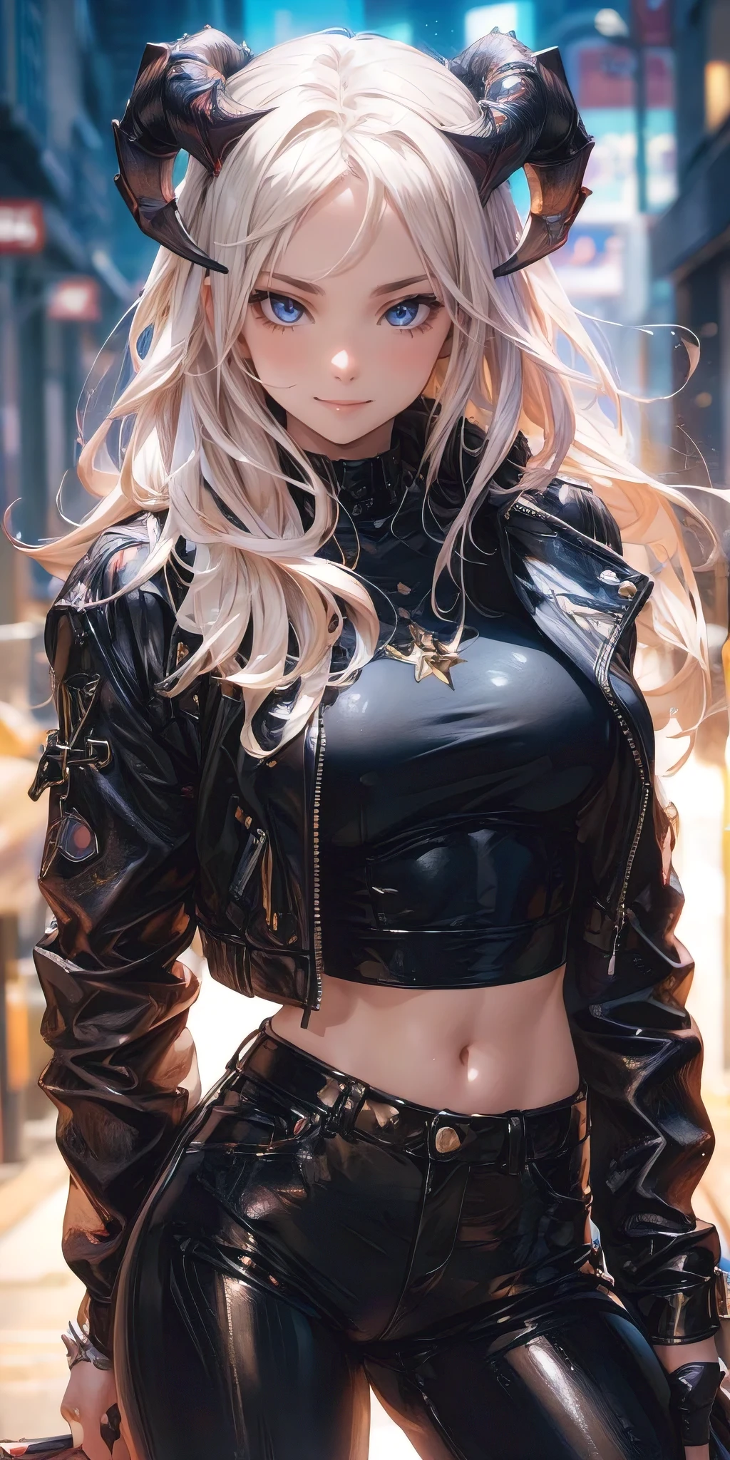 (best quality,4k,8k,highres,masterpiece:1.2),ultra-detailed,(realistic,photorealistic,photo-realistic:1.37), Superbly attractive demon girl, slim thick build waifu, leather jacket, leather pants, feminine curves, futuristic ornaments, hyperdetailed future cityscape, in style of digital vector art, eye-catching composition, masterful art execution, vibrant, spellbinding, anime realism by artgerm and ayami kojima, uhd, sharp focus