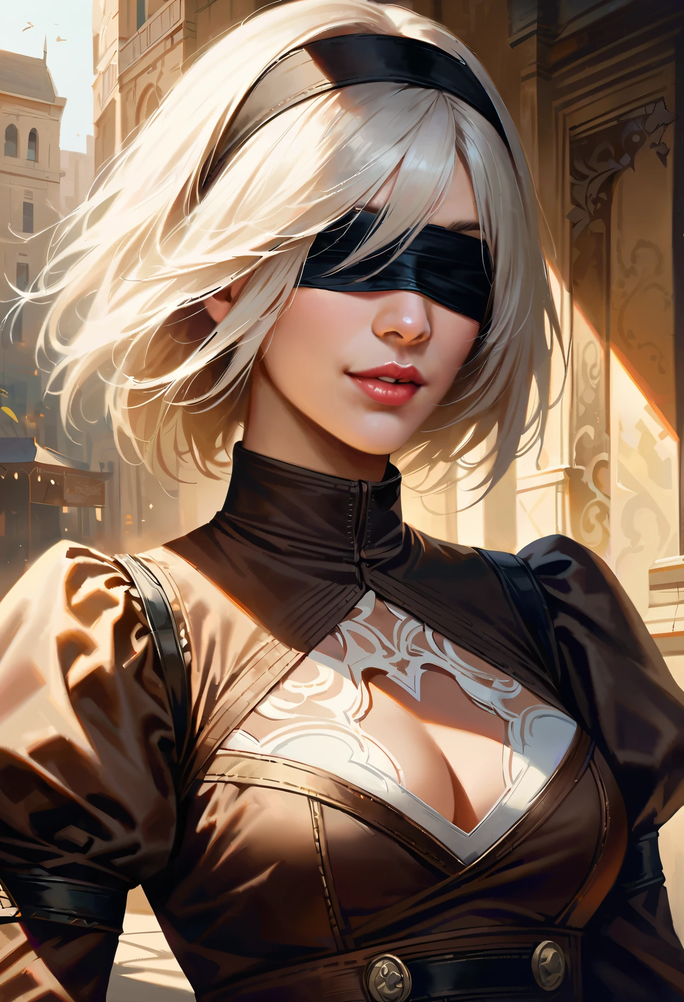 One Girl, Wow, (Both blindfolded), chest, chestの谷間, chestの谷間 cutout, Dress cutout, Old Western castle street background, Hair between the eyes, head band, ((Blindfold that completely covers both eyes:1.2)), High resolution, Juliet Sleeve, Long sleeve, Nier (series), Nier automata, Fluffy sleeves, Red lips, Lips with raised corners of the mouth, Smiling Lips, Shadow Face, short hair, alone, Turtleneck sweater, Upper Body, l Blue-white silver hair, null、{{masterpiece、highest quality、(((Realistic、Realistic:1.37)))、8K quality、very detailed and beautiful、It&#39;s a very impressive expression、Large file size、Very detailed}},