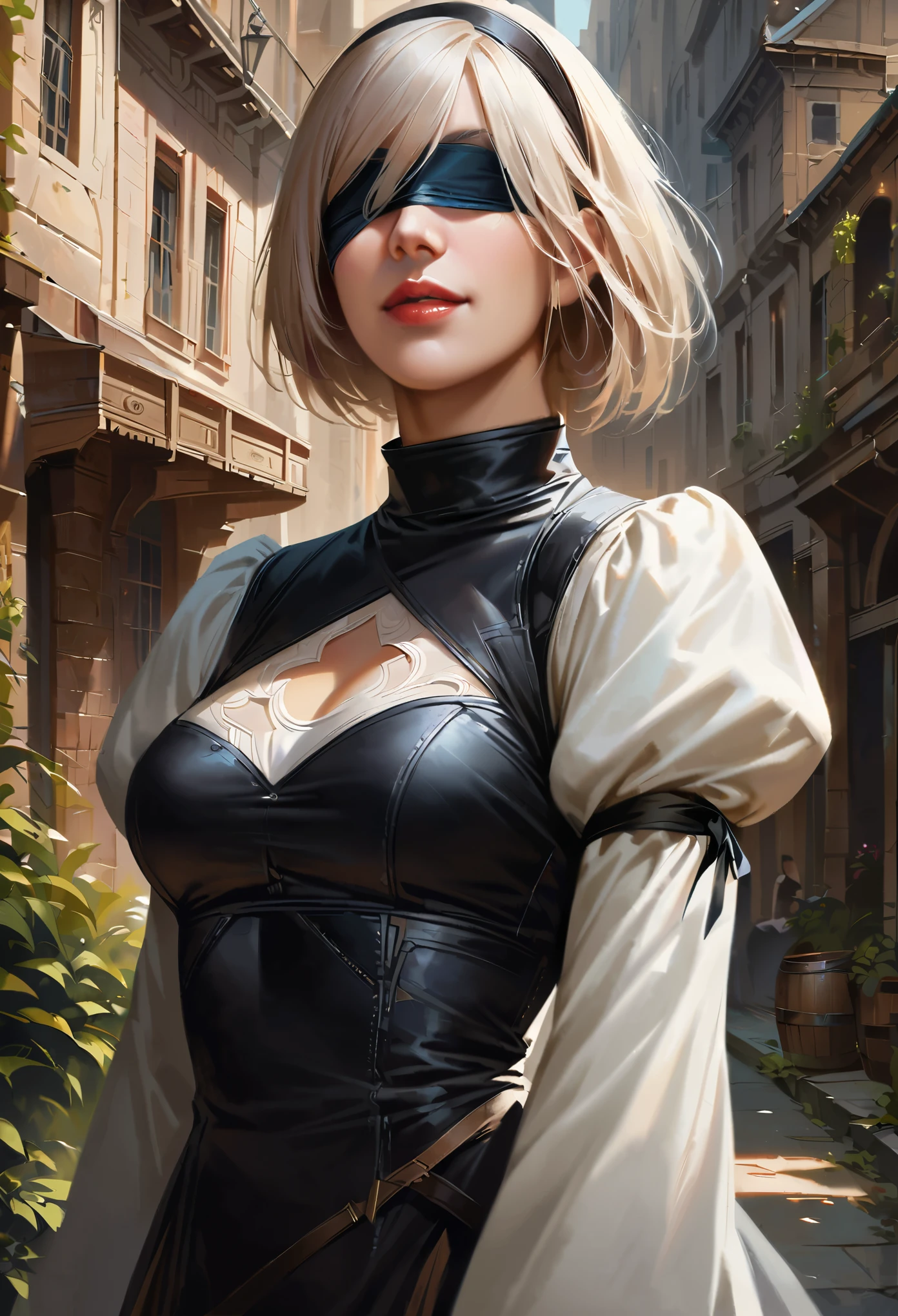 One Girl, Wow, (Both blindfolded), chest, chestの谷間, chestの谷間 cutout, Dress cutout, Old Western castle street background, Hair between the eyes, head band, ((Blindfold that completely covers both eyes:1.2)), High resolution, Juliet Sleeve, Long sleeve, Nier (series), Nier automata, Fluffy sleeves, Red lips, Lips with raised corners of the mouth, Smiling Lips, Shadow Face, short hair, alone, Turtleneck sweater, Upper Body, l Blue-white silver hair, null、{{masterpiece、highest quality、(((Realistic、Realistic:1.37)))、8K quality、very detailed and beautiful、It&#39;s a very impressive expression、Large file size、Very detailed}},