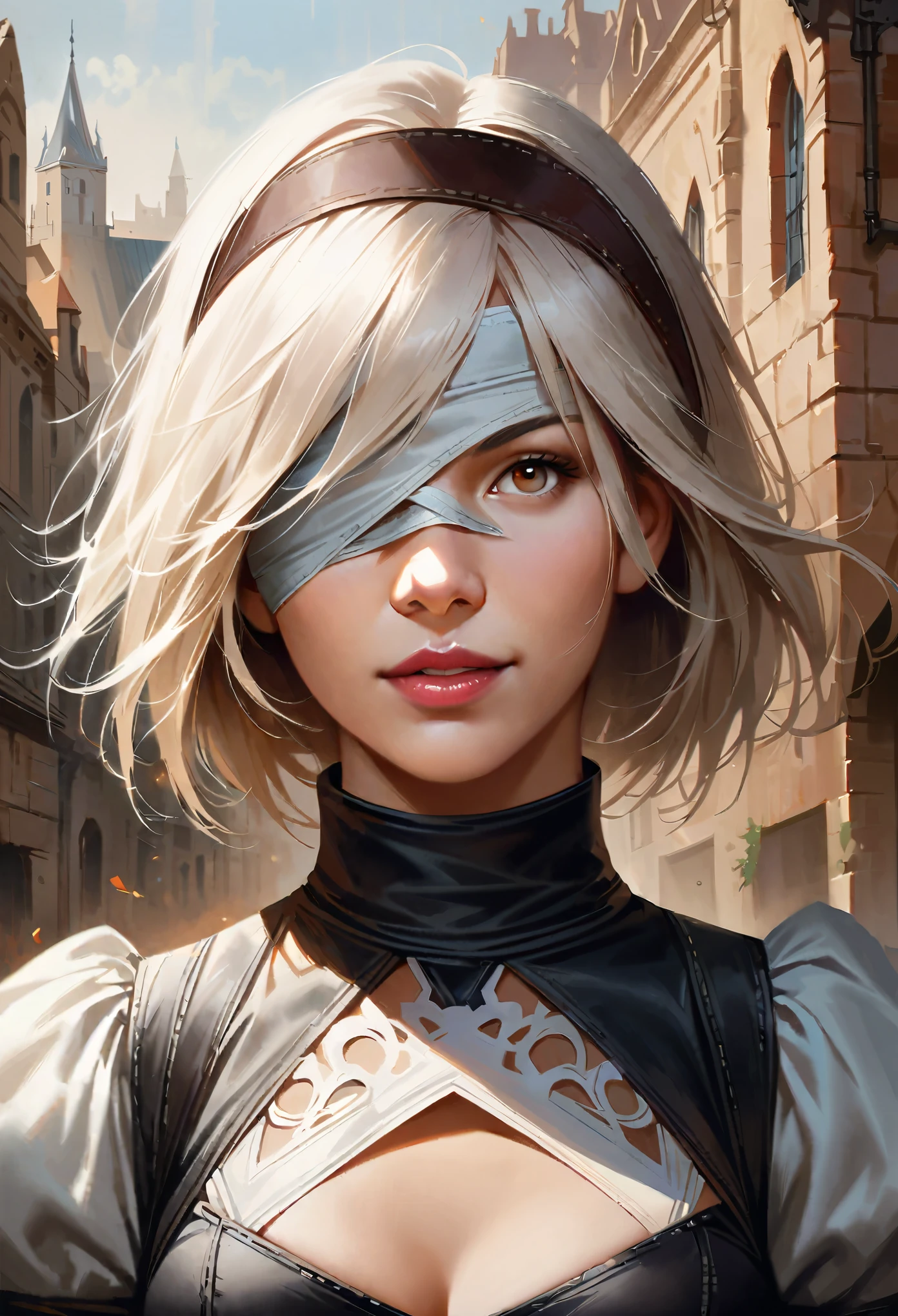 One Girl, Wow, (Both blindfolded), chest, Chest cleavage, Chest cleavage cutout, Dress cutout, Old Western castle street background, Hair between the eyes, head band, ((Blindfold that completely covers both eyes:1.2)), High resolution, Juliet Sleeve, Long sleeve, nier (series), nier automata, Fluffy sleeves, Red lips, Lips with raised corners of the mouth, Smiling Lips, Shadow Face, short hair, alone, Turtleneck sweater, Upper Body, l Blue-white silver hair, zero、{{masterpiece、highest quality、(((Realistic、Realistic:1.37)))、8K quality、very detailed and beautiful、It&#39;s a very impressive expression、Large file size、Very detailed}},