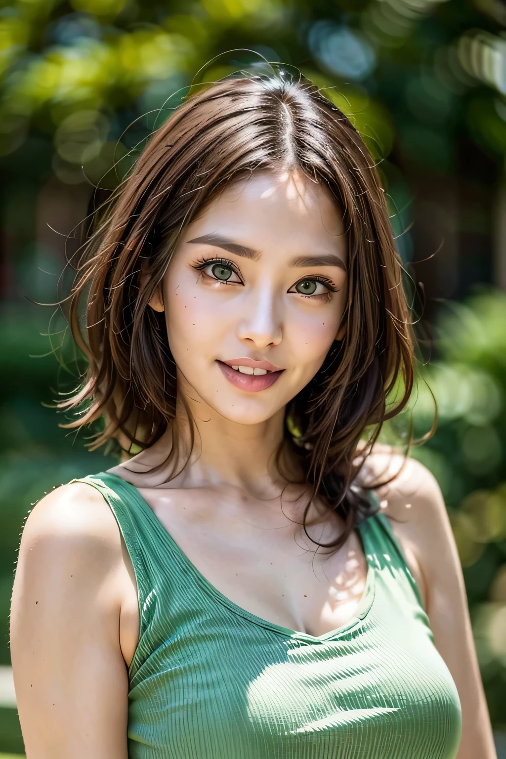 (8k, RAW Photos, highest quality, masterpiece, Realistic, Realistic), (1 female), (Ultimate beauty), Highly detailed face, (Perfect Teeth), Beautiful Eyes, double eyelid, eyelash, smile, Lip details, Brunette Bob, The light shines on your face, Big Breasts, ((T-Shirts)), ((Upper Body)), (background: garden), ((Written boundary depth))