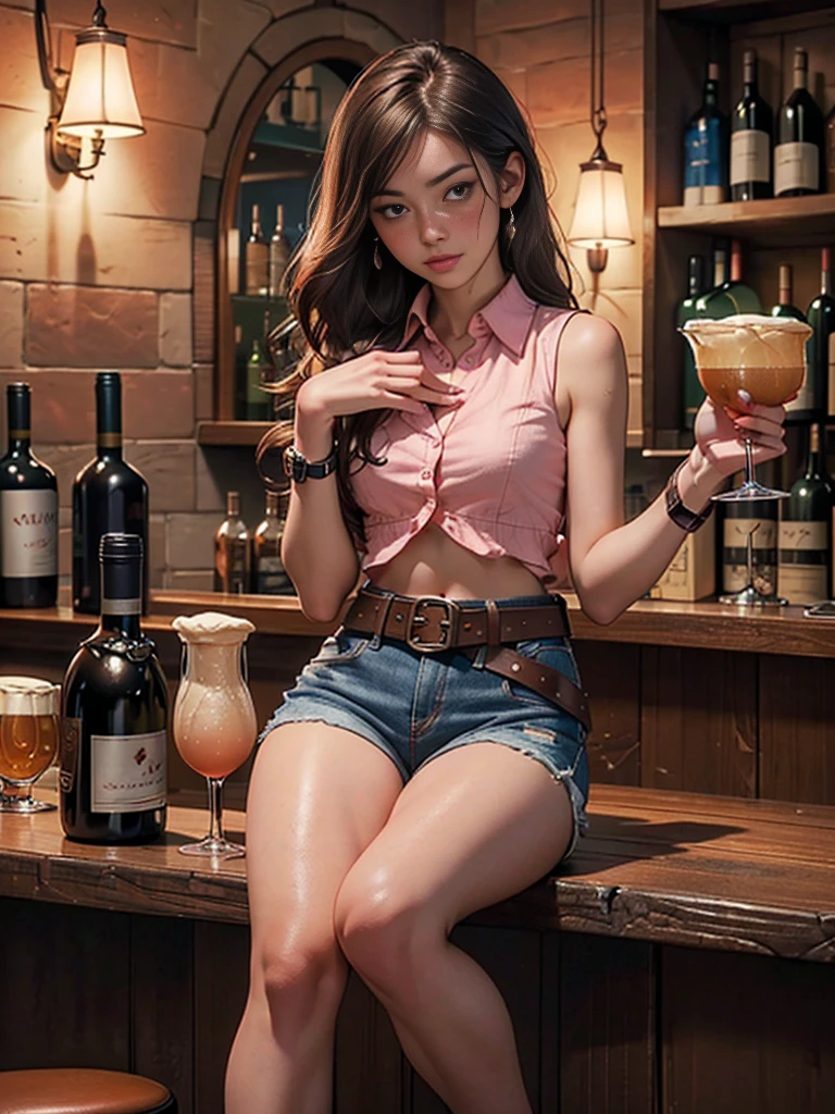 (((Drunk hiccups:1.3))),(((woman1人))),((((一人のwoman)))),((((Watch on wrist)))),(((Right hand on chest:1.2))),(High resolution, clearly_image) highest quality, woman, masterpiece, Very detailed, Semi-realistic, 23 years old, fair, young, （Skinny body:1.2),(Small waist), (Small breasts),((((Watch on wrist)))),White sleeveless collared shirt, ((Exposed arms)),(Short denim hot pants：1.5),(((Brown leather belt:1.2))), (((Bar counter at night))),(((Drinking wine))),Sitting in a chair, (blush:1.5),(Being drunk:1.9),((Exposing thighs)),((Navel exposed)),((Cowboy Shot)),((Full Body Shot))