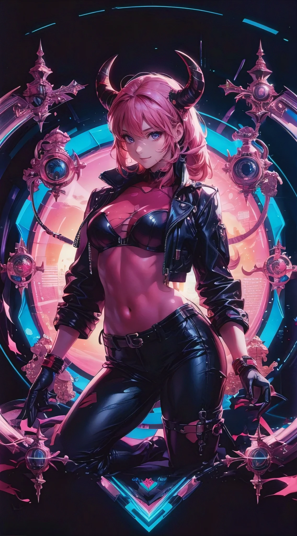 (best quality,4k,8k,highres,masterpiece:1.2),ultra-detailed,(realistic,photorealistic,photo-realistic:1.37), Superbly attractive demon girl, slim thick build waifu, leather jacket, leather pants, feminine curves, futuristic ornaments, hyperdetailed future cityscape, in style of digital vector art, eye-catching composition, masterful art execution, vibrant, spellbinding, anime realism by artgerm and ayami kojima, uhd, sharp focus