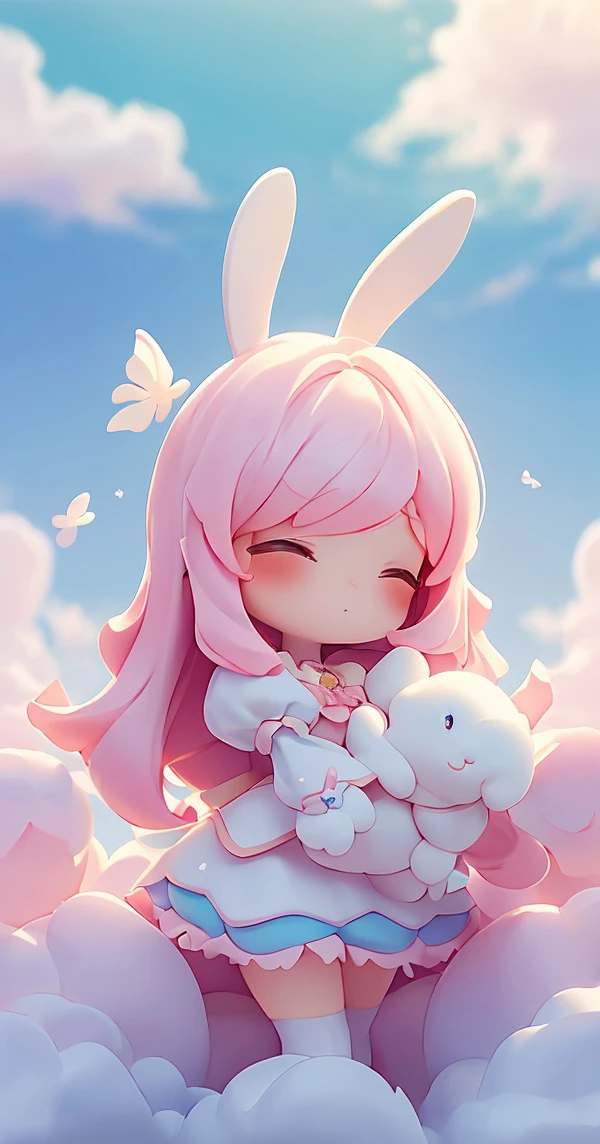 Bunny Morphing Girl, fluffy, soft ((highest quality)), ( Extremely detailed, Best details, Official Art, Beauty and aesthetics: 1.2), Depth of written border, composition, whole body, (a bit), (Beautiful and detailed: 1.3), (wonderful:1), Colorful clouds blurred background,1girl,