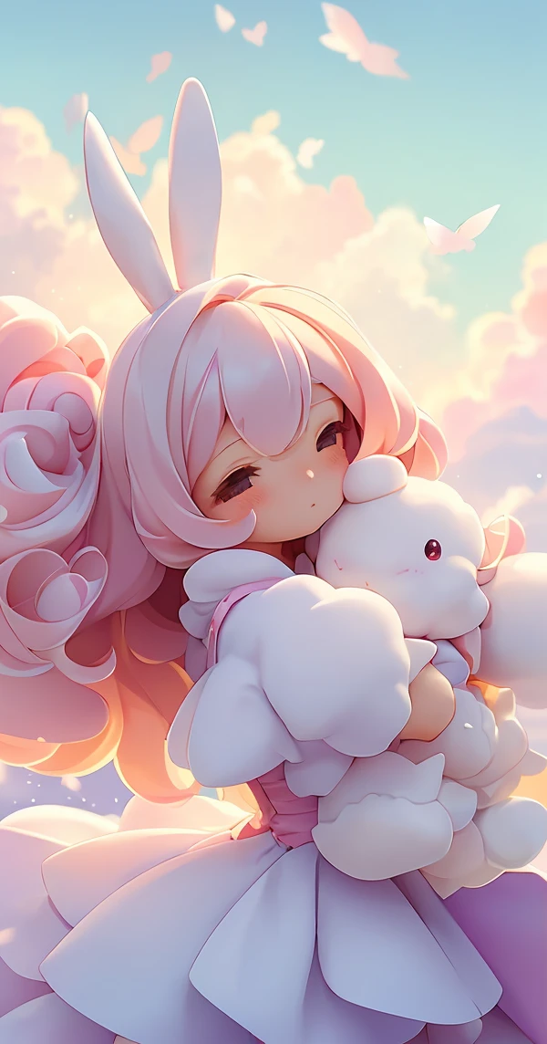 Bunny Morphing Girl, fluffy, soft ((highest quality)), ( Extremely detailed, Best details, Official Art, Beauty and aesthetics: 1.2), Depth of written border, composition, whole body, (a bit), (Beautiful and detailed: 1.3), (wonderful:1), Colorful clouds blurred background,1girl,