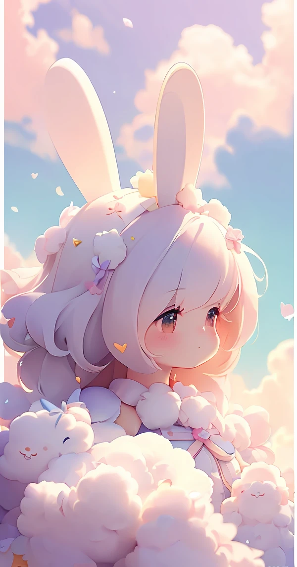 Bunny Morphing Girl, fluffy, soft ((highest quality)), ( Extremely detailed, Best details, Official Art, Beauty and aesthetics: 1.2), Depth of written border, composition, whole body, (a bit), (Beautiful and detailed: 1.3), (wonderful:1), Colorful clouds blurred background,1girl,