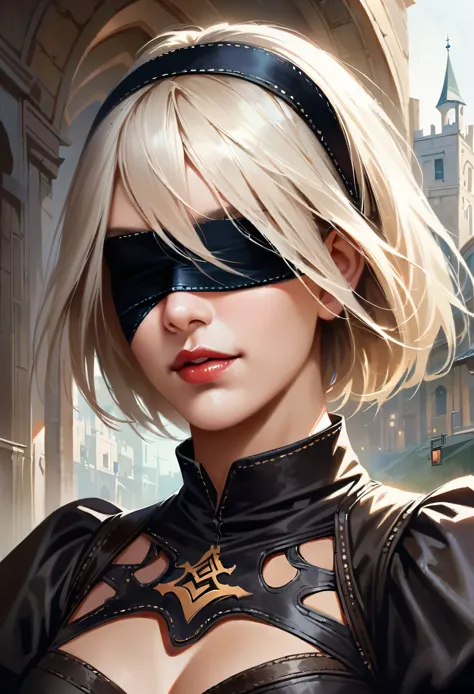 One Girl, Wow, (Blindfold), chest, chestの谷間, chestの谷間 cutout, Dress cutout, Old Western castle street background, Hair between the eyes, head band, 両目を隠すBlindfold, High resolution, Juliet Sleeve, Long sleeve, Nier (series), Nier automata, Fluffy sleeves, R...