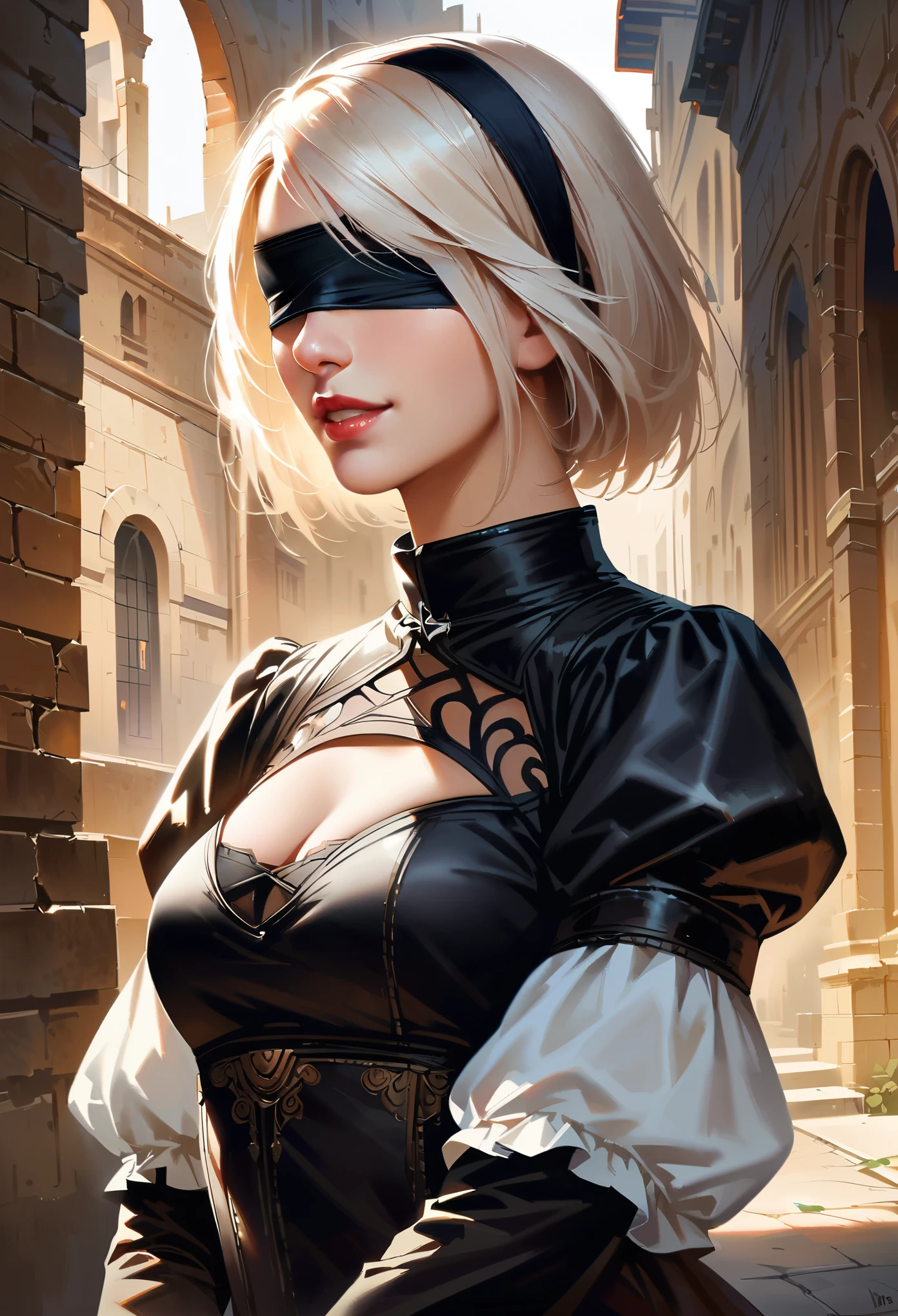 One Girl, Wow, (Blindfold), chest, Chest cleavage, Chest cleavage cutout, Dress cutout, Old Western castle street background, Hair between the eyes, head band, Blindfold to cover both eyes, High resolution, Juliet Sleeve, Long sleeve, nier (series), nier automata, Fluffy sleeves, Red lips, Lips with raised corners of the mouth, Smiling Lips, Shadow Face, short hair, alone, Turtleneck sweater, Upper Body, l Blue-white silver hair, zero、{{masterpiece、highest quality、(((Realistic、Realistic:1.37)))、8K quality、very detailed and beautiful、It&#39;s a very impressive expression、Large file size、Very detailed}},