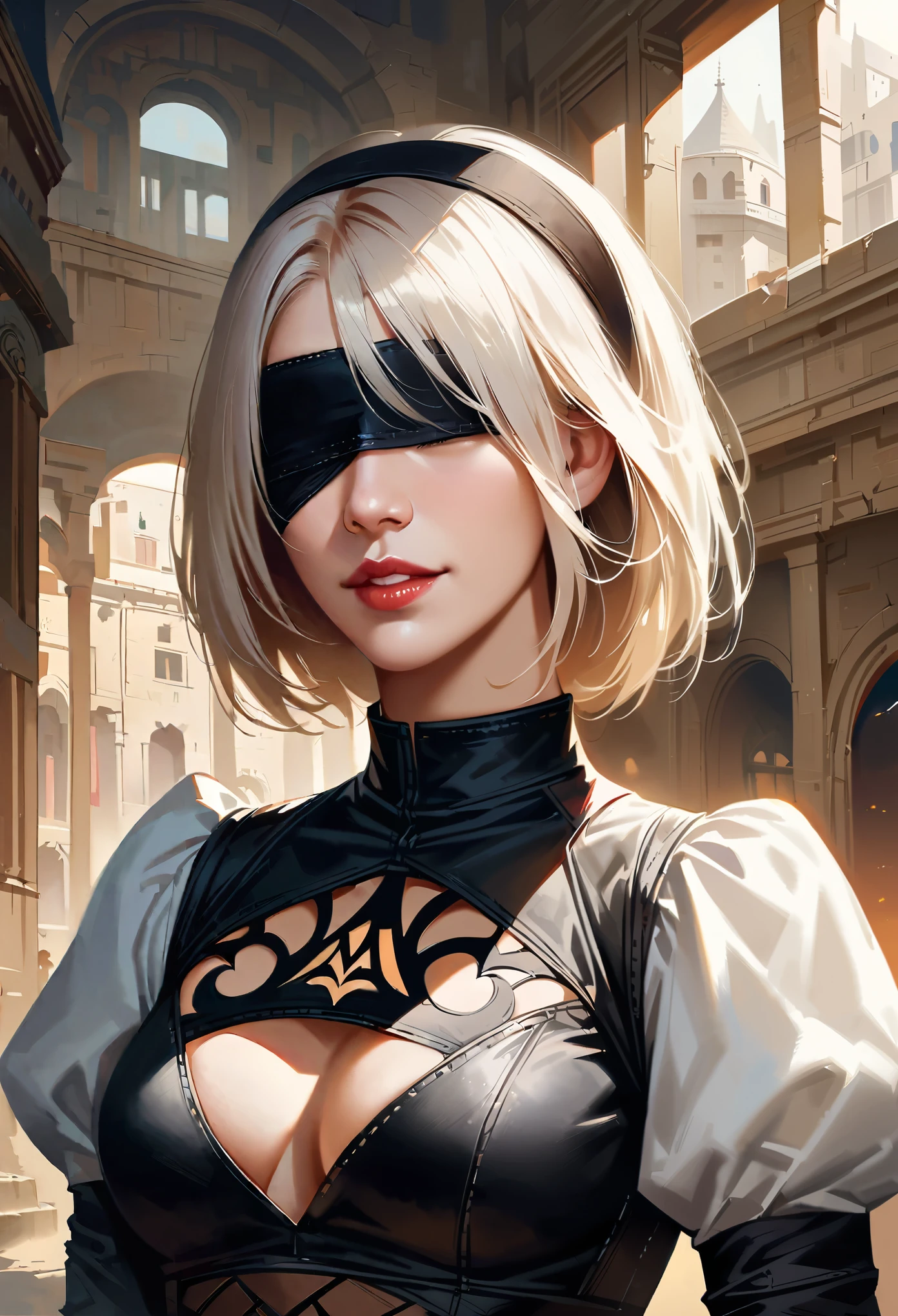 One Girl, Wow, (Blindfold), chest, Chest cleavage, Chest cleavage cutout, Dress cutout, Old Western castle street background, Hair between the eyes, head band, Blindfold to cover both eyes, High resolution, Juliet Sleeve, Long sleeve, nier (series), nier automata, Fluffy sleeves, Red lips, Lips with raised corners of the mouth, Smiling Lips, Shadow Face, short hair, alone, Turtleneck sweater, Upper Body, l Blue-white silver hair, zero、{{masterpiece、highest quality、(((Realistic、Realistic:1.37)))、8K quality、very detailed and beautiful、It&#39;s a very impressive expression、Large file size、Very detailed}},