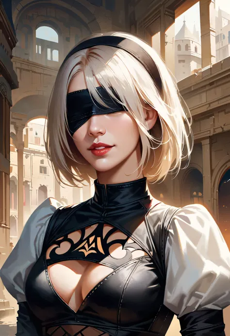 One Girl, Wow, (Blindfold), chest, chestの谷間, chestの谷間 cutout, Dress cutout, Old Western castle street background, Hair between t...