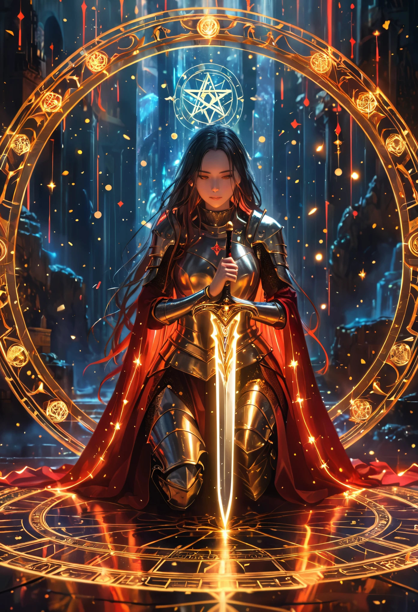 (best quality, masterpiece:1.2), ultra-detailed, glowing golden sword, ancient glowing symbols on the blade, a girl wearing armor, kneeling under the sword, long flowing hair, silver armor, black and red electric arc hexagram magic circle background, magical effects, detailed magic circle, detailed hexagram, intricate sword handle texture, thick breath mist., Surrealism, 4k, 8k, highres, best quality, highres, anatomically correct, textured skin