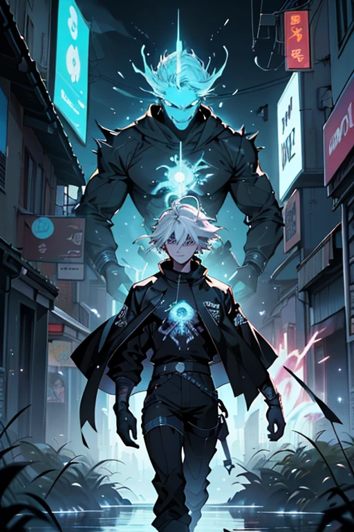 At a concert, the artists Paganini and Vivaldi are found giving their finest performance in heaven, depicted in an anime and manga style comic. The scene is set in an urban city environment with diffuse colors and RGB lighting, featuring an ultra-detailed illustration of a diffuse hallucinatory man water spirit creature. Complex 3D projections of ghostly translucent fabric and glowing hollow cybernetic threads surround them, all in a dynamic pose. This spectral concept art is a stunning visual masterpiece with light particles, double exposure, and glowing textures against black tones. It represents no limits, unpredictability, and surrealism in a professional composition that has won awards. It's a celebration of creative freedom, artistic expression, extreme and spontaneous composition, all under a black filter with a surreal theme. Diffuse creatures and figures create a disturbing visual expressio), (((c