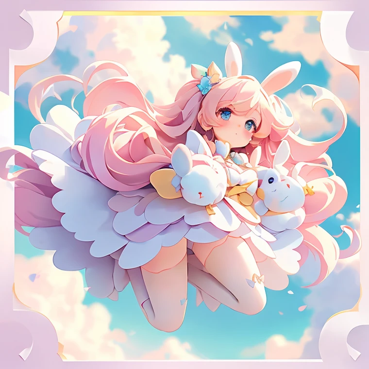 Bunny Morphing Girl, fluffy, soft ((highest quality)), ( Extremely detailed, Best details, Official Art, Beauty and aesthetics: 1.2), Depth of written border, composition, whole body, (a bit), (Beautiful and detailed: 1.3), (wonderful:1), Colorful clouds blurred background,1girl,