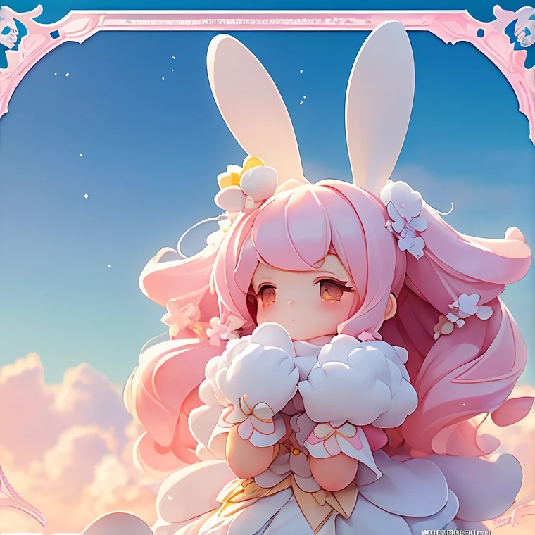 Bunny Morphing Girl, fluffy, soft ((highest quality)), ( Extremely detailed, Best details, Official Art, Beauty and aesthetics: 1.2), Depth of written border, composition, whole body, (a bit), (Beautiful and detailed: 1.3), (wonderful:1), Colorful clouds blurred background,1girl,