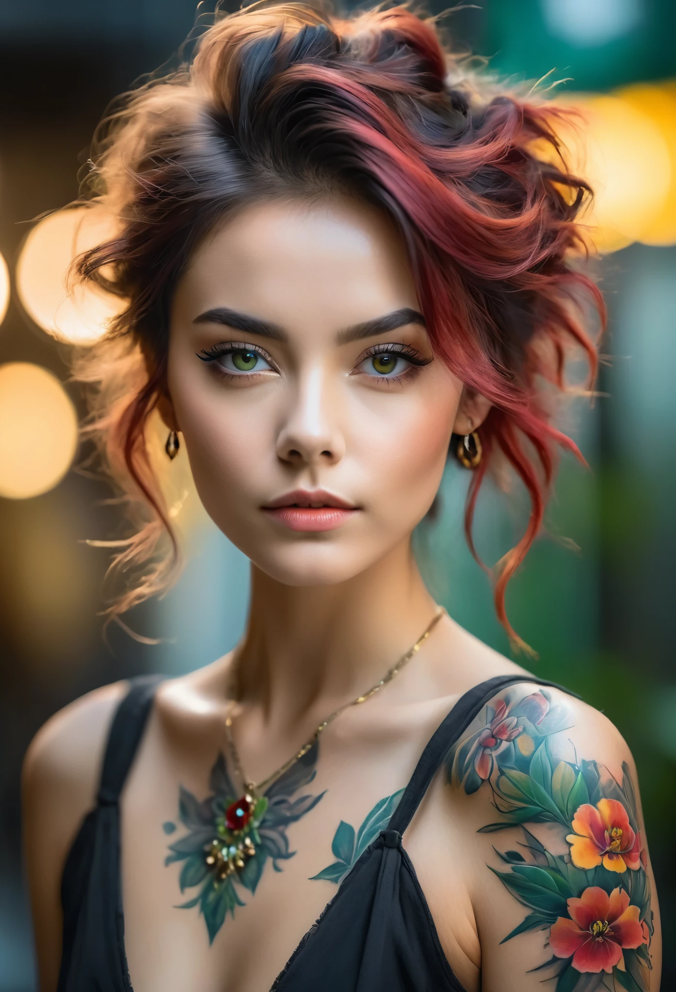 A portrait of a young woman with a poised and confident demeanor, looking directly into the camera. Her hair is stylishly tousled with volume, featuring light and dark tones. She has a serene expression, with warm-toned makeup that enhances her natural features. She possesses an array of elegant floral tattoos in vivid colors of red, yellow, and green that adorn her shoulders and chest. Her earrings are delicate and feminine, photo realistic, cinematic, movie still, captured in the style of Sony Alpha A7 III camera