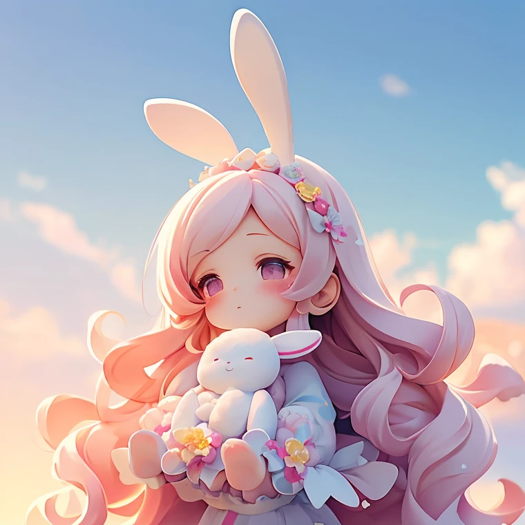 Bunny Morphing Girl, fluffy, soft ((highest quality)), ( Extremely detailed, Best details, Official Art, Beauty and aesthetics: 1.2), Depth of written border, composition, whole body, (a bit), (Beautiful and detailed: 1.3), (wonderful:1), Colorful clouds blurred background,1girl,