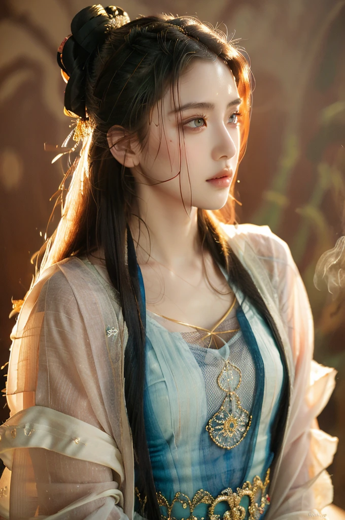 ( masterpiece, top quality, best quality,8k,17 years old girl,ultra detailed,raw photo:1.5),(photorealistic:1.4),(cinematic lighting), PerfectNwsjMajic, , Surrealism, UHD, ccurate, Super detail, textured skin, High detail, Best quality, dynamic angle, (high nose,White skin),[Beautiful blue eyes],(1girl),(good anatomy:0.5)), dunhuang_style, Dreamy atmosphere,expressive brush strokes, mystical ambiance, Artistic interpretation, a whimsical illustration, Subtle colors and tones, straight face,middle part,long straight hair 