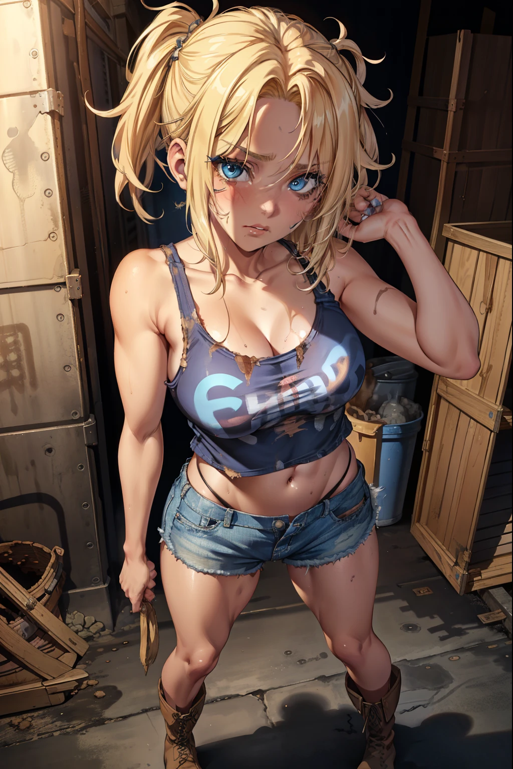 blue eyes, blonde hair, ruined makeup, (extremely detailed CG unity 4k wallpaper),(masterpiece),(best quality),(ultra-detailed),(best illustration),(best shadow),(absurdres),(detailed background), Trailer park trash, Short blonde hair (very Messy), Croptop tank top (filthy), denim short skirt (filthy), Cowgirl boots, Sad expression, Dirty girl, standing, poor,