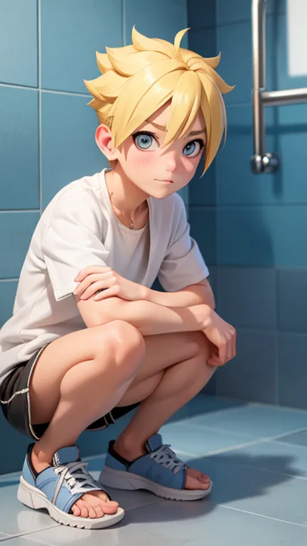 male, slim, cute, bright eyes, short blond hair, shower , looks shyly at the viewer, naked male cheast, shorts, squatting