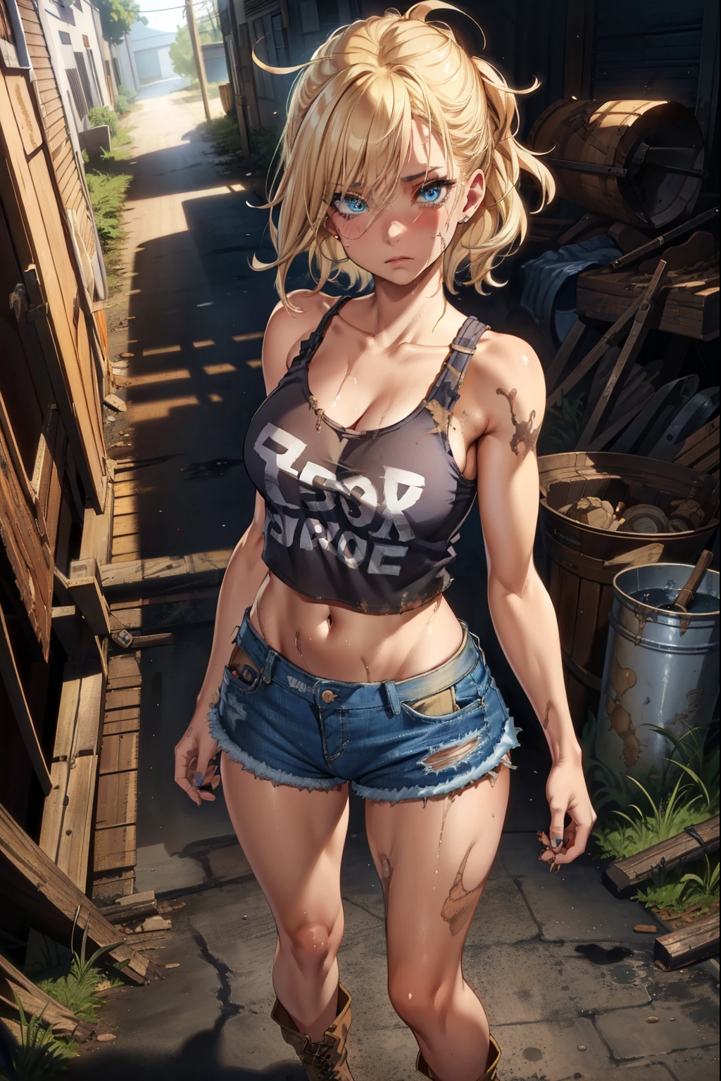 blue eyes, blonde hair, ruined makeup, (extremely detailed CG unity 4k wallpaper),(masterpiece),(best quality),(ultra-detailed),(best illustration),(best shadow),(absurdres),(detailed background), Trailer park trash, Short blonde hair (very Messy), Croptop tank top (filthy), denim short skirt (filthy), Cowgirl boots, Sad expression, Dirty girl, standing, poor,