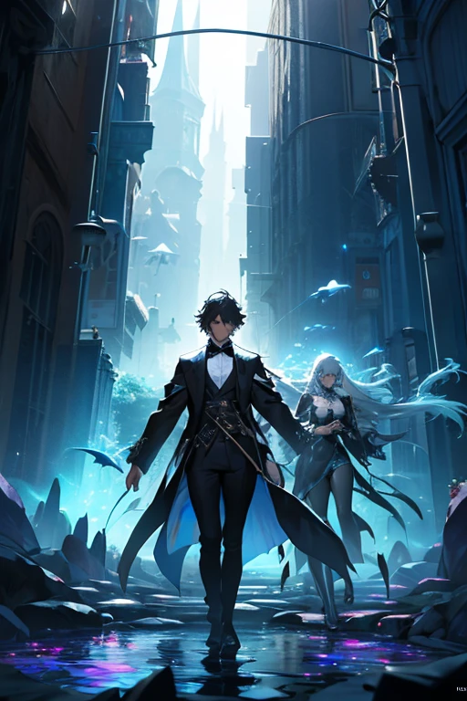 In a concert setting, Paganini and Vivaldi are portrayed delivering their most exquisite performance in heaven, as depicted in an anime and manga style illustration. The backdrop is an urban cityscape bathed in diffuse colors and RGB lighting, showcasing an intricately detailed depiction of a diffuse, hallucinatory man water spirit creature. They are enveloped by complex 3D projections of ethereal translucent fabric and luminous hollow cybernetic threads, all captured in a dynamic stance. This spectral concept art is a breathtaking visual feast, complete with light particles, double exposure, and radiant textures set against dark tones. It embodies boundlessness, unpredictability, and surrealism within a professionally composed piece that has garnered accolades. It is a tribute to creative liberty, artistic flair, and extreme, impromptu composition, all veiled by a black filter with a surreal motif. The scene is populated with diffuse beings and figures, crafting a haunting visual tableau. violinists