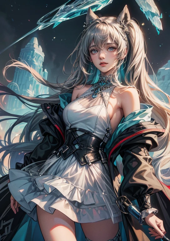 fine illustration,ultra detailed,highres,from below,cool beauty,gramer woman, cute pose,gothic_ice dress,silver_glistening long hair,ice queen,ice world,ice crystals flowers,detailed bodysuit with glittery kaleido decoration, detailed layered skirt, detailed embroidery, extremely layered frills, detailed texture, detailed pattern,slender and beautiful legs, --niji 5** - (fast)