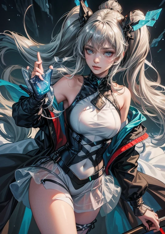 fine illustration,ultra detailed,highres,from below,cool beauty,gramer woman, cute pose,gothic_ice dress,silver_glistening long hair,ice queen,ice world,ice crystals flowers,detailed bodysuit with glittery kaleido decoration, detailed layered skirt, detailed embroidery, extremely layered frills, detailed texture, detailed pattern,slender and beautiful legs, --niji 5** - (fast)