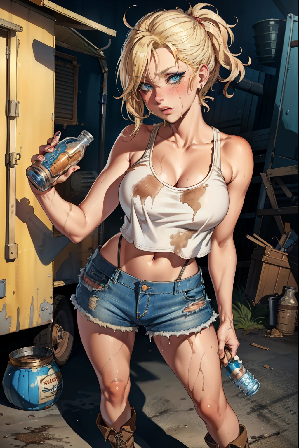 blue eyes, blonde hair, ruined makeup, (extremely detailed CG unity 4k wallpaper),(masterpiece),(best quality),(ultra-detailed),(best illustration),(best shadow),(absurdres),(detailed background), Trailer park trash, Short blonde hair (very Messy), Croptop tank top (filthy), denim short skirt (filthy), Cowgirl boots, Drunk expression, Standing in front of trailer, Bottle in hand,