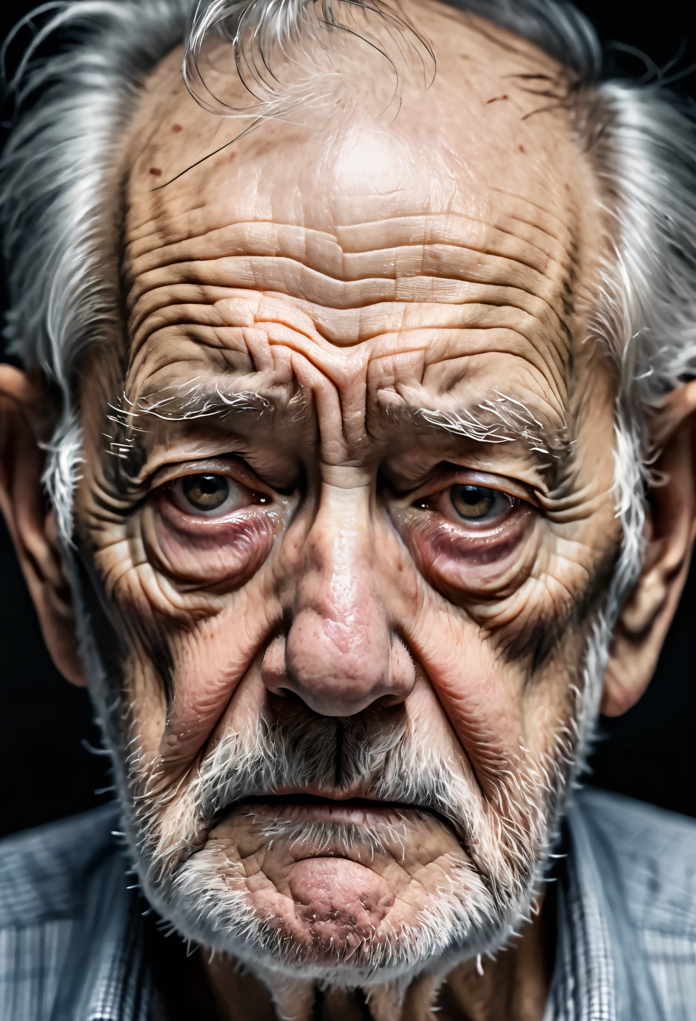 An image of a very tired old man, black background settings, highly details The facial expression reflects wisdoms and test of time., photo realistic, cinematic, movie still, captured in the style of Sony Alpha A7 III camera