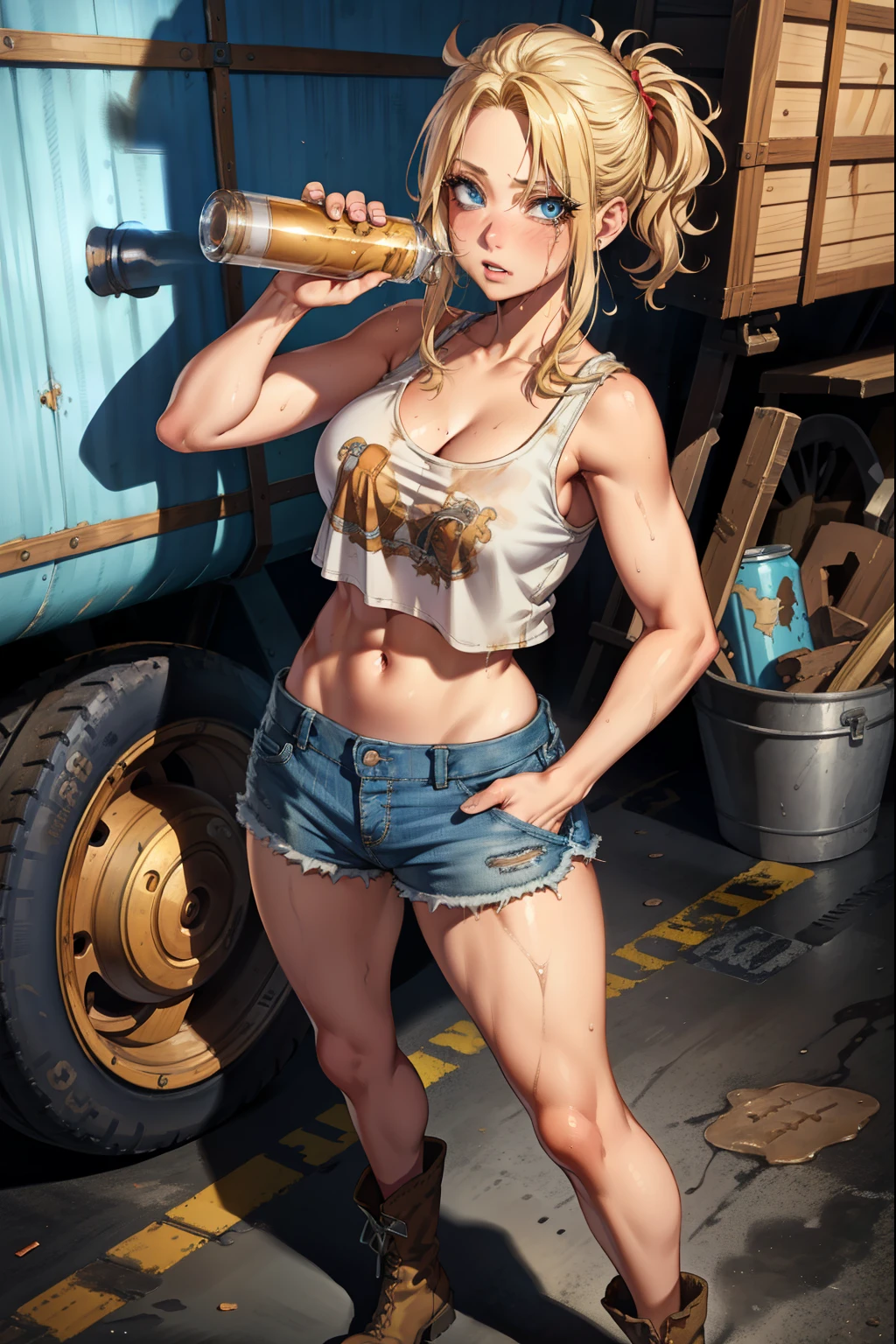 blue eyes, blonde hair, ruined makeup, (extremely detailed CG unity 4k wallpaper),(masterpiece),(best quality),(ultra-detailed),(best illustration),(best shadow),(absurdres),(detailed background), Trailer park trash, Short blonde hair (very Messy), Croptop tank top (filthy), denim short skirt (filthy), Cowgirl boots, Drunk expression, Standing in front of trailer, 1 Beer in hand,