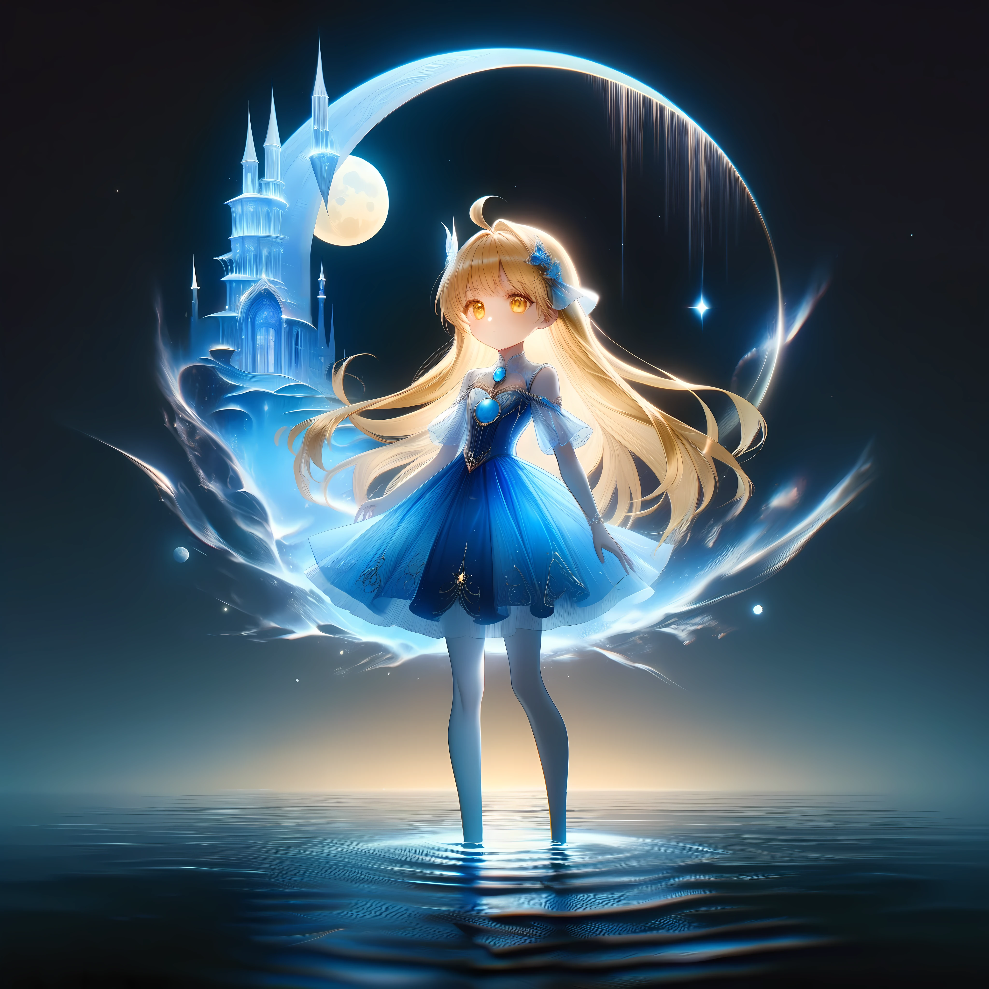 one princess standing on water, at night, the young siter taste, pale blue moon, cute face, blond semi-long hair, amber eyes, shy, water magic, naiad, illusory scene, calm, impressive, full body, ((portrait)) ((masterpiece, best quality, ultra-detailed, an extremely delicate and beautiful)), ((potorealism, hyperrealism)), ((extremely detailed CG unity 8k wallpaper)), ((award winning, ccurate, UHD, textured skin, chromatic aberration, perfect anatomy, golden ratio)), (exquisite attention to detail), ((perfect_composition, perfect_design, perfect_layout, perfect_detail, ultra_detailed)), ((aesthetic harmony)), ((aesthetic style))