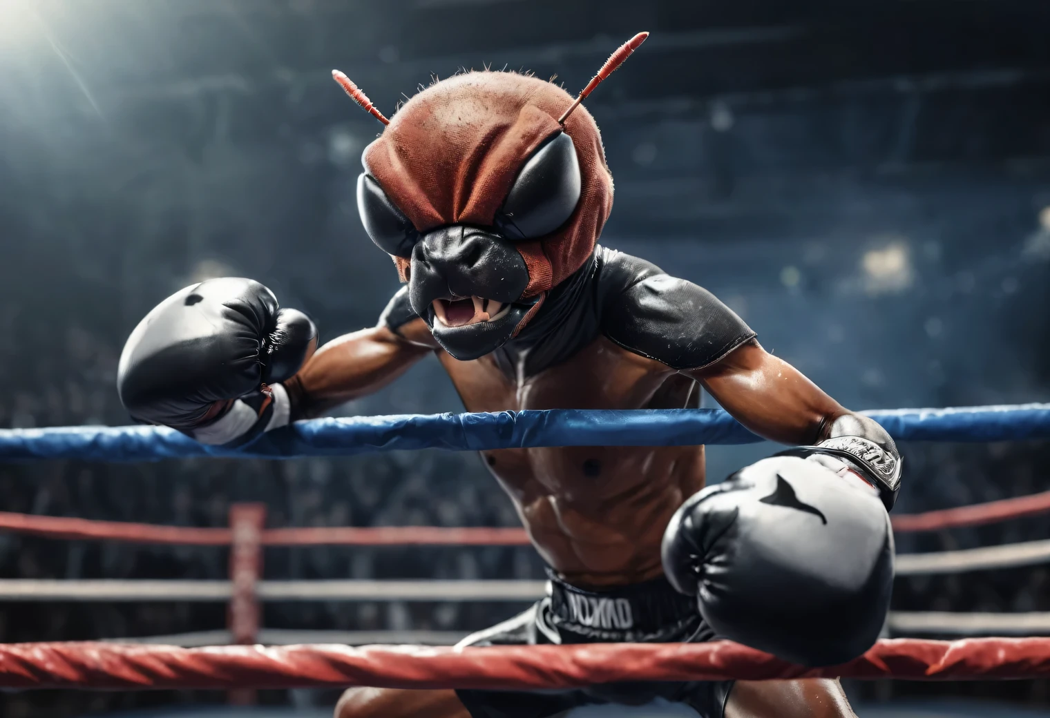 Dynamic frame, 2 humanoid (anthropomorphic) boxer ants, humanoid ants in a boxing ring, humanoid ant in a boxing stance ready to strike, boxing match 2 humanoid ants, photorealistic, high quality, high detail, focus on humanoid ants, focus in the center of the frame, blurred background